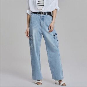 The Frakie Shop Kai Cargo Denim Pants Jeans In Worn Wash Size M